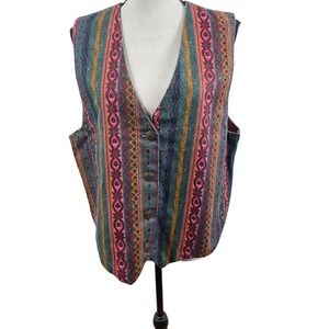 Jean Boho Vest Womens L Multicolor Geometric Striped Denim Layering